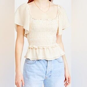 ASTR The Label Gingham January Smocked Square Neck Flutter Sleeves Top Size XS